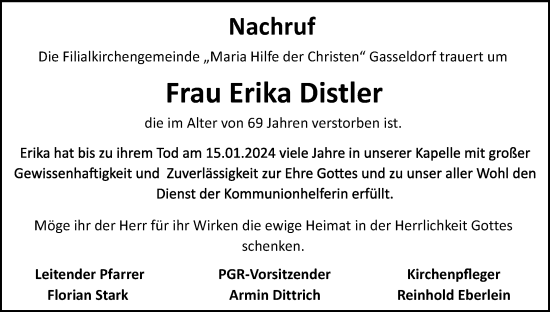 Anzeige von Erika Distler von MGO