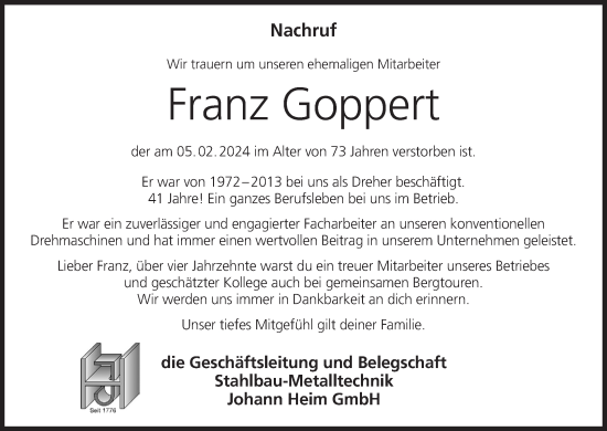 Anzeige von Franz Goppert von MGO