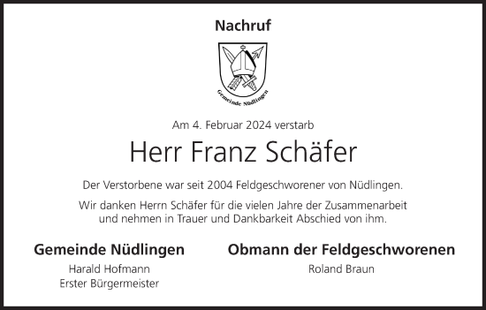 Anzeige von Franz Schäfer von MGO