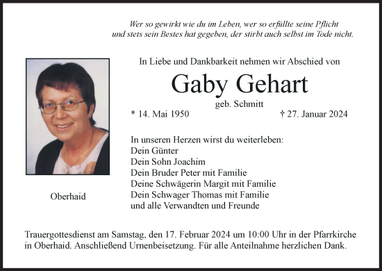 Anzeige von Gaby Gehart von MGO