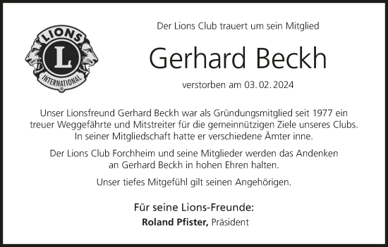 Anzeige von Gerhard Beckh von MGO