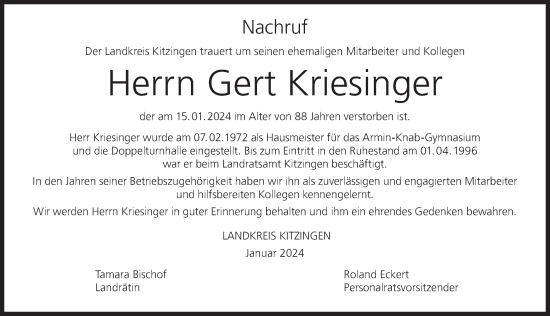 Anzeige von Gert Kriesinger von MGO