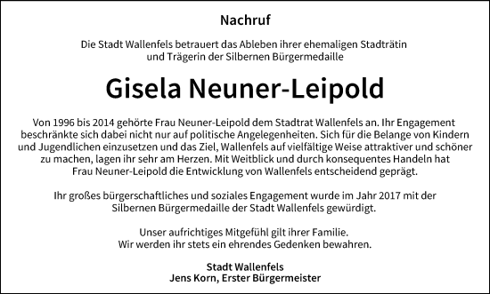 Anzeige von Gisela Neuner-Leipold von MGO