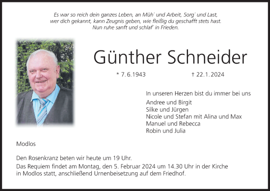 Anzeige von Günther Schneider von MGO