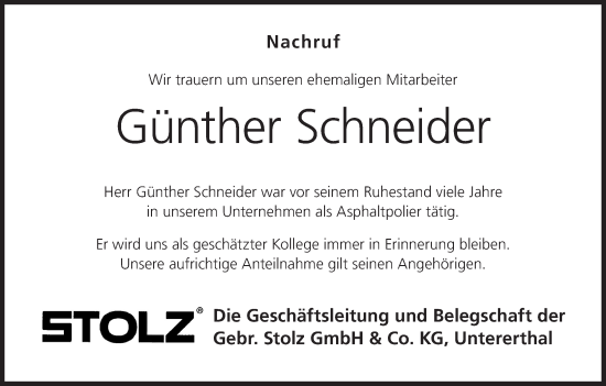Anzeige von Günther Schneider von MGO
