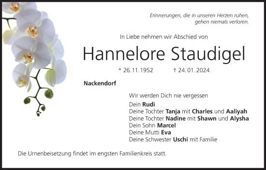 Anzeige von Hannelore Staudigel von MGO