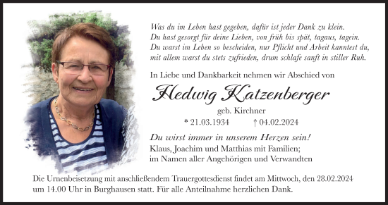 Anzeige von Hedwig Katzenberger von MGO