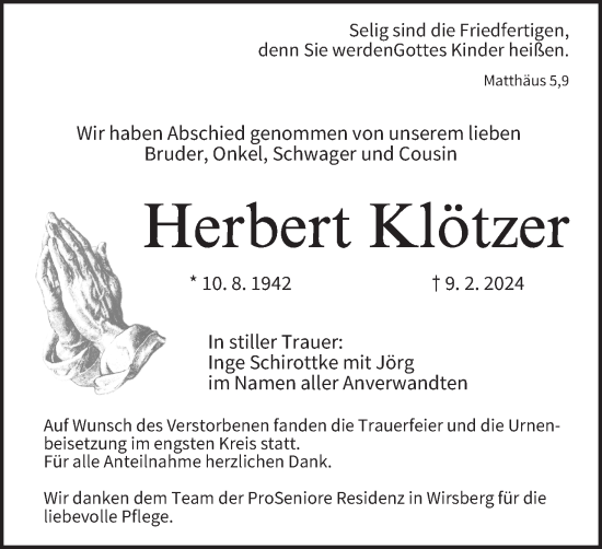 Anzeige von Herbert Klötzer von MGO