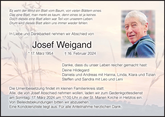 Anzeige von Josef Weigand von MGO