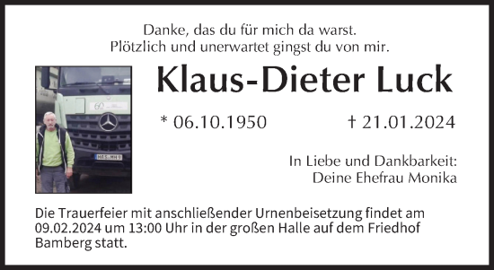 Anzeige von Klaus-Dieter Luck von MGO