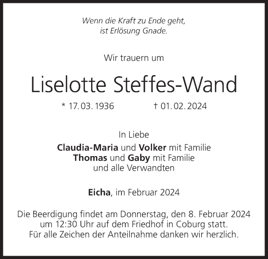 Anzeige von Liselotte Steffes-Wand von MGO