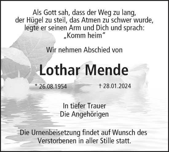 Anzeige von Lothar Mende von MGO