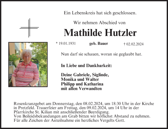 Anzeige von Mathilde Hutzler von MGO