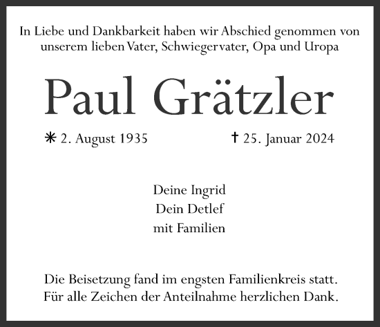Anzeige von Paul Grätzler von MGO
