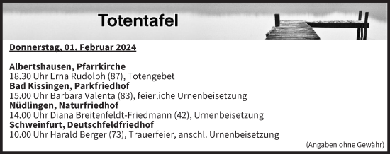 Anzeige von Totentafel vom 01.02.2024 von MGO