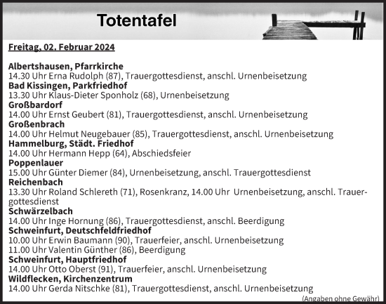 Anzeige von Totentafel vom 02.02.2024 von MGO