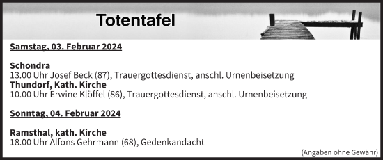 Anzeige von Totentafel vom 03.02.2024 von MGO