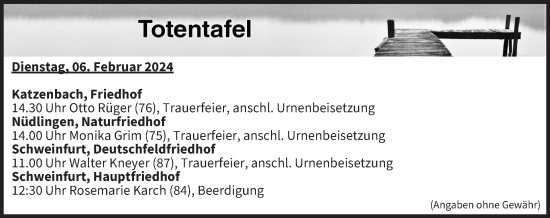 Anzeige von Totentafel vom 06.02.2024 von MGO