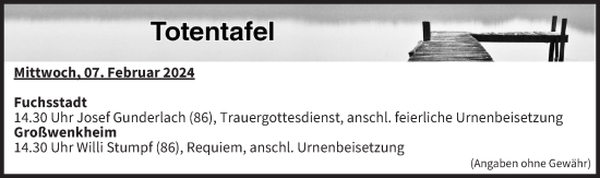 Anzeige von Totentafel vom 07.02.2024 von MGO