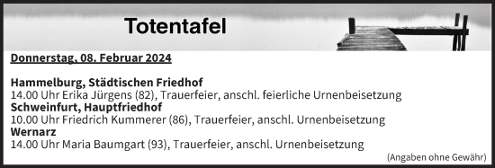 Anzeige von Totentafel vom 08.02.2024 von MGO