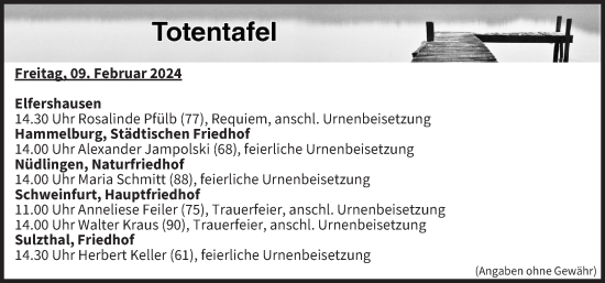 Anzeige von Totentafel vom 09.02.2024 von MGO