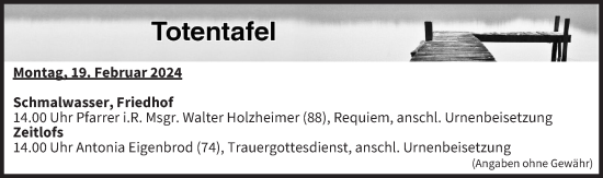 Anzeige von Totentafel vom 19.02.2024 von MGO