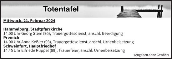 Anzeige von Totentafel vom 21.02.2024 von MGO