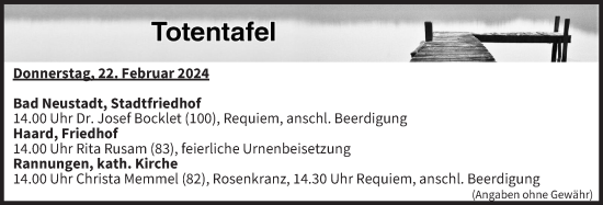 Anzeige von Totentafel vom 22.02.2024 von MGO