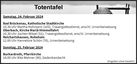 Anzeige von Totentafel vom 24.02.2024 von MGO