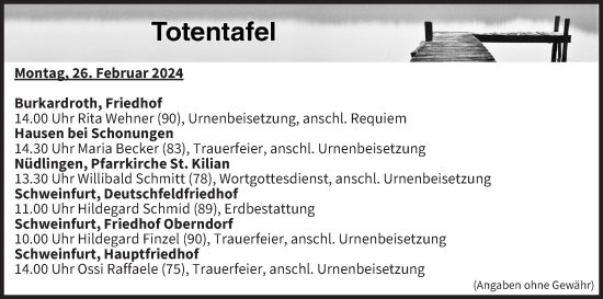 Anzeige von Totentafel vom 26.02.2024 von MGO