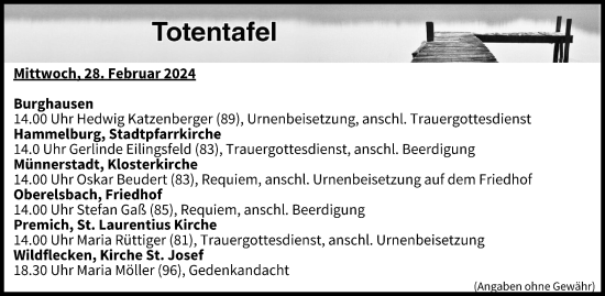 Anzeige von Totentafel vom 28.02.2024 von MGO