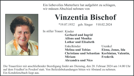 Anzeige von Vinzentia Bischof von MGO
