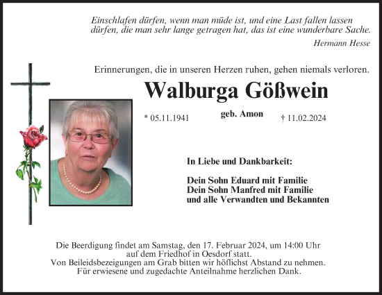 Anzeige von Walburga Gößwein von MGO