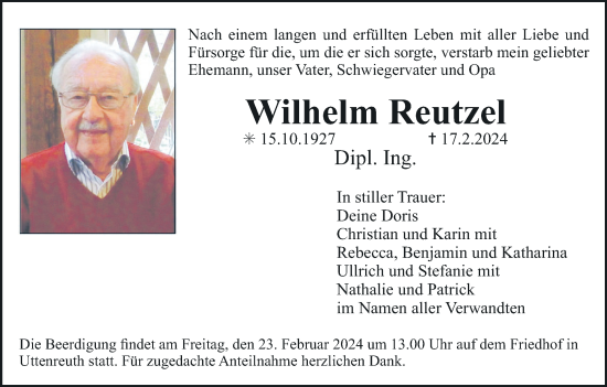 Anzeige von Wilhelm Reutzel von MGO