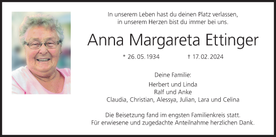 Anzeige von Anna Margareta Ettinger von MGO