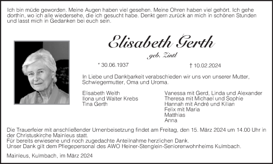 Anzeige von Elisabeth Gerth von MGO
