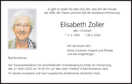 Anzeige von Elisabeth Zoller von MGO
