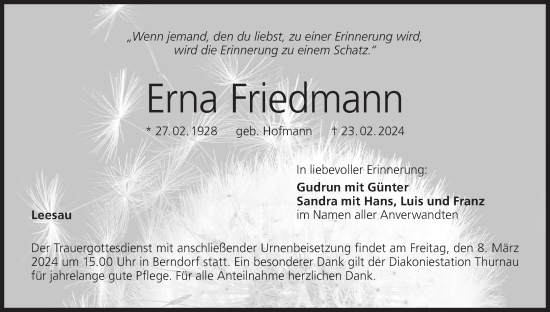 Anzeige von Erna Friedmann von MGO