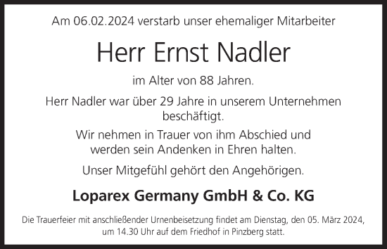 Anzeige von Ernst Nadler von MGO