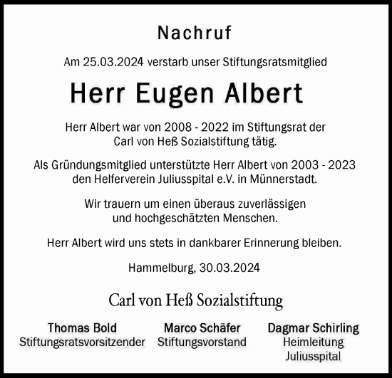 Anzeige von Eugen Albert von MGO
