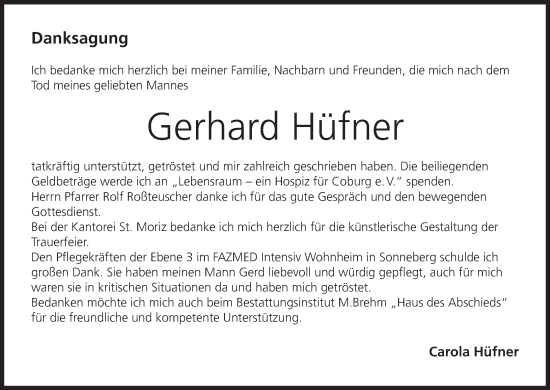 Anzeige von Gerhard Hüfner von MGO