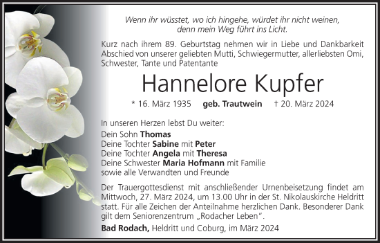 Anzeige von Hannelore Kupfer von MGO