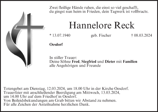 Anzeige von Hannelore Reck von MGO