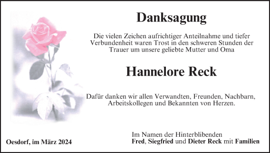 Anzeige von Hannelore Reck von MGO