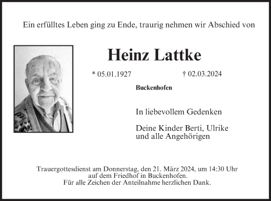 Anzeige von Heinz Lattke von MGO