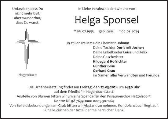 Anzeige von Helga Sponsel von MGO
