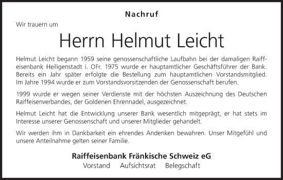 Anzeige von Helmut Leicht von MGO