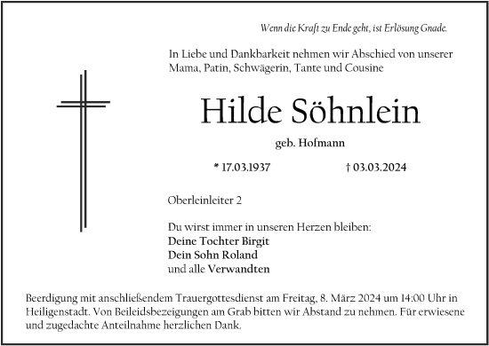 Anzeige von Hilde Söhnlein von MGO