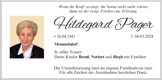 Anzeige von Hildegard Pager von MGO