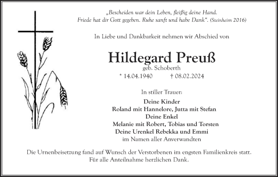 Anzeige von Hildegard Preuß von MGO